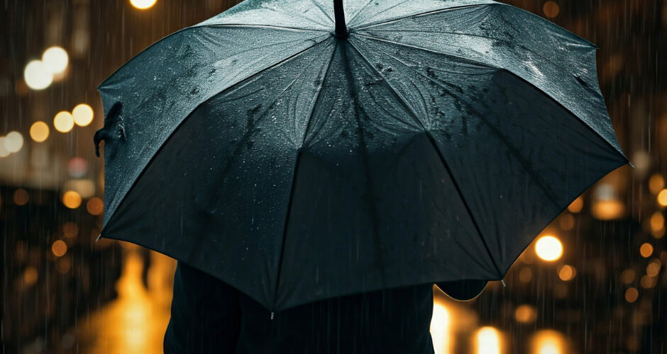 person holding a black umbrella while walking down a rain-soaked city street at night.