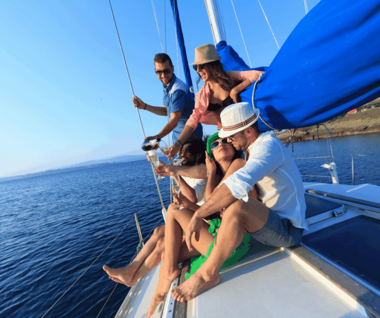 A diverse group of people enjoying a sunny day on a boat, smiling and engaging with each other