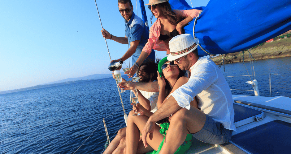A diverse group of people enjoying a sunny day on a boat, smiling and engaging with each other