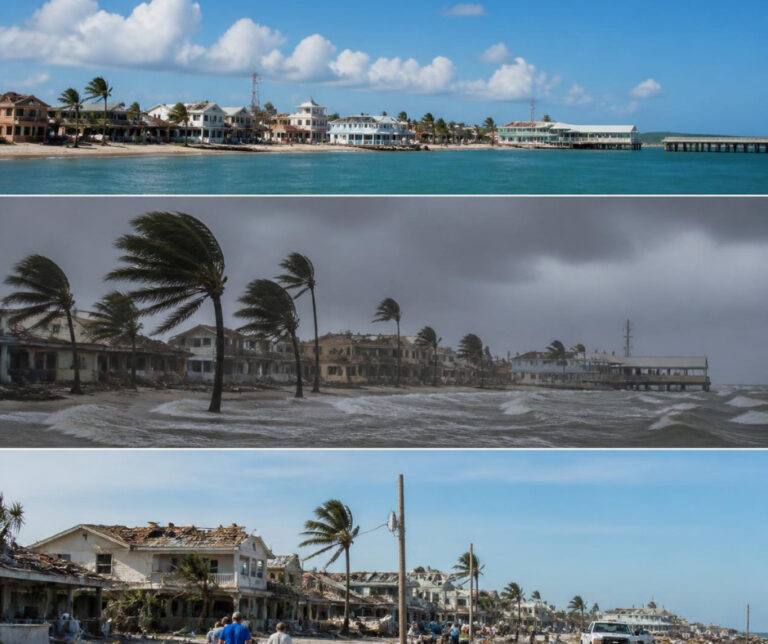 Coastal street before, during, and after a hurricane showing calm water, wind-bent palms, then damaged roofs